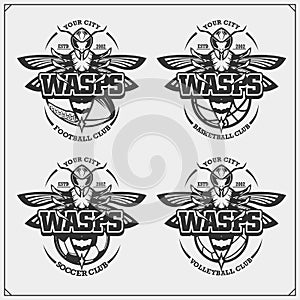 Volleyball, basketball, soccer and football logos and labels. Sport club emblems with wasp. Print design for t-shirts.