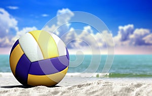 Volleyball on the beach with open sea and cloudy blue sky