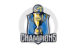 Volleyball champions logo, emblem. Colorful emblem of the cup with a ball on the background of the shield. Volleyball