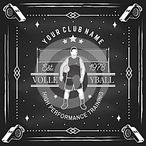 Volleyball club badge design on chalkboard. Vector illustration. For college league sport club emblem, sign, logo