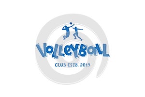 Volleyball club hand written lettering logo, emblem with players and ball