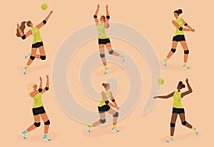 Volleyball female players in action vector set. Women volleyball athlete silhouette. Girl attack and serve the ball