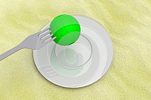 Volleyball food: beach volleyball with fork on sand, 3d illustration
