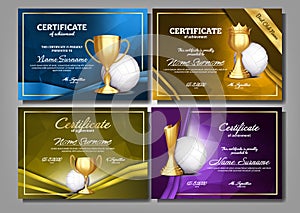 Volleyball Game Certificate Diploma With Golden Cup Set Vector. Sport Award Template. Achievement Design. Honor