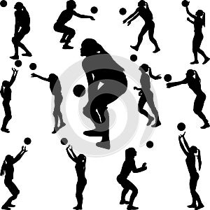 Volleyball girl player. women group play volleyball silhouette vector