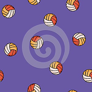 volleyball illustration on blue background. yellow and white color with blue outline. seamless pattern. hand drawn