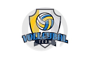 Volleyball logo, emblem. Colorful emblem of the ball against the background of the shield. Sports club logo template