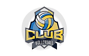 Volleyball logo, emblem. Colorful emblem of the ball against the background of the shield. Sports club logo template
