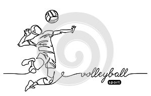 Volleyball player. Male jumps in attack. Playing volley simple vector background, banner, poster. One line drawing art