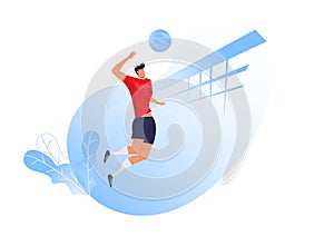 Volleyball player man jumping serving ball, sport hits the ball, side view. Flat design vector illustration