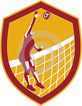 Volleyball Player Spike Ball Net Retro Shield