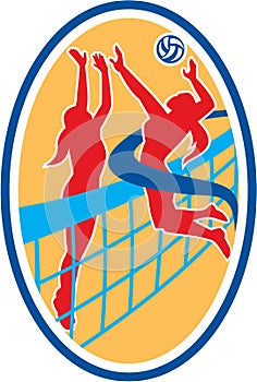 Volleyball Player Spiking Ball Blocking Oval