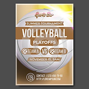 Volleyball Poster Vector. Volleyball Ball. Sand Beach. Design For Sport Bar Promotion. Vertical Volleyball Club. Cafe