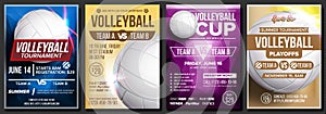 Volleyball Poster Set Vector. Design For Cafe, Pub, Sport Bar Promotion. Volleyball Ball. Vertical Modern Tournament