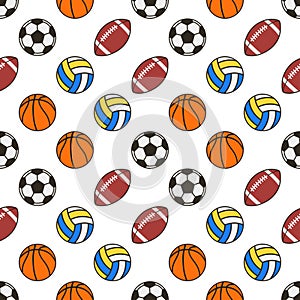 Volleyball, soccer ball, american football or rugby and basketball balls seamless pattern.