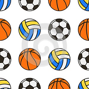 Volleyball, soccer or football and basketball balls seamless pattern.