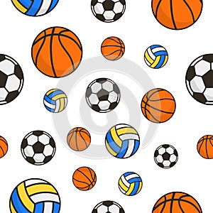 Volleyball, soccer or football and basketball balls seamless pattern.