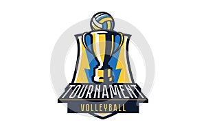 Volleyball tournament logo, emblem. Colorful championship emblem with cup and ball against shield background. Volleyball