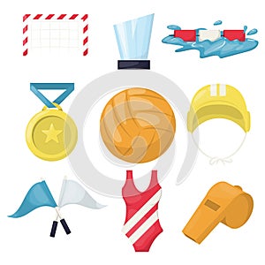 Volleyball water sport player accessories beachball icons vector illustration. Healthy volley ball training pool. Water