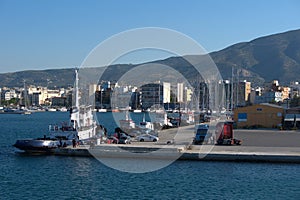 Volos ,Greece, 5/8/2020 .  Commercial Port of Volos, ships and containers in the port