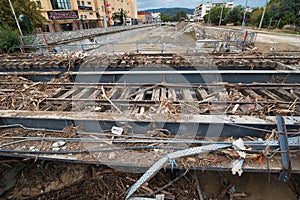 Volos, Greece. Storm disaster, the day after. Railway Station damaged by flood, climate change