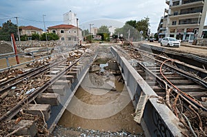Volos, Greece. Storm disaster, the day after. Railway Station damaged by flood, climate change
