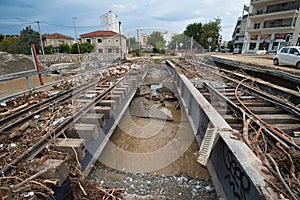 Volos, Greece. Storm disaster, the day after. Railway Station damaged by flood, climate change