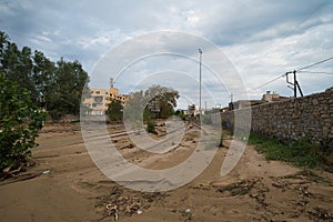 Volos, Greece. Storm disaster, the day after. Railway Station damaged by flood, climate change