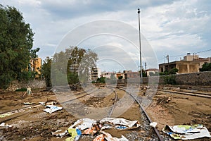 Volos, Greece. Storm disaster, the day after. Railway Station damaged by flood, climate change