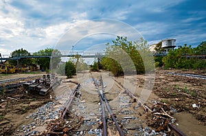 Volos, Greece. Storm disaster, the day after. Railway Station damaged by flood, climate change