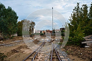 Volos, Greece. Storm disaster, the day after. Railway Station damaged by flood, climate change