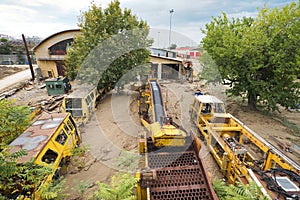 Volos, Greece. Storm disaster, the day after. Railway Station damaged by flood, climate change