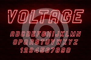 Voltage neon light alphabet, realistic extra glowing font