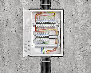 Voltage switchboard with circuit breakers in the concrete wall. Electrical background.