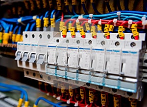 Voltage switchboard with circuit breakers. Electrical background.