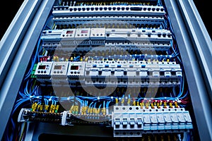 Voltage switchboard with circuit breakers. Electrical background.