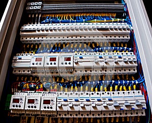 Voltage switchboard with circuit breakers. Electrical background.