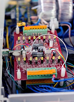 Voltage switchboard with circuit breakers. Electrical background.