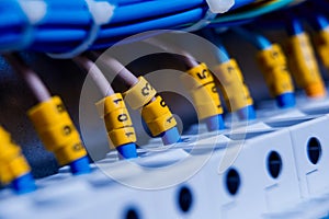 Voltage switchboard with circuit breakers. Electrical background.