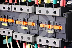 Voltage switchboard with circuit breakers. Electrical background
