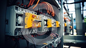 Voltage switchboard with circuit breakers. Electrical fuse background