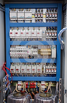 Voltage switchboard with circuit breakers. Modern electrical background
