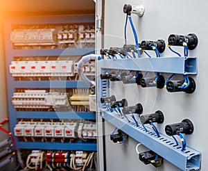 Voltage switchboard with circuit breakers. Modern electrical background