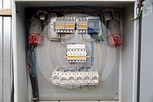 Voltage switchboard with circuit breakers and outlets in power board. Electrical concept