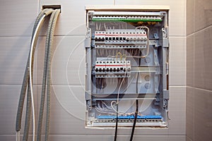 Voltage switchboard with circuit breakers are in the ON and OF positions in the big electric box or electric photo