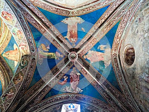 VOLTERRA, ITALY - SEPTEMBER 20, 2023 - Romanesque frescos in the Cappella della Croce di Giorno in Volterra