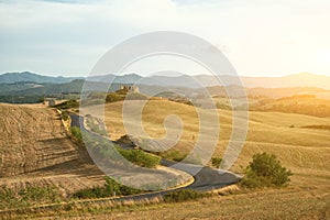 Volterra, Tuscany, Italy. August 2020. Amazing panorama of the Tuscan countryside in front of the town. On the right we recognize