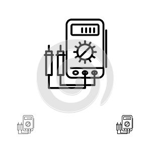 Voltmeter, Ampere, Watt, Digital, Tester Bold and thin black line icon set