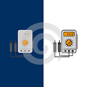 Voltmeter, Ampere, Watt, Digital, Tester  Icons. Flat and Line Filled Icon Set Vector Blue Background