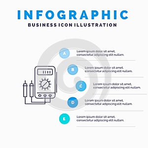 Voltmeter, Ampere, Watt, Digital, Tester Line icon with 5 steps presentation infographics Background